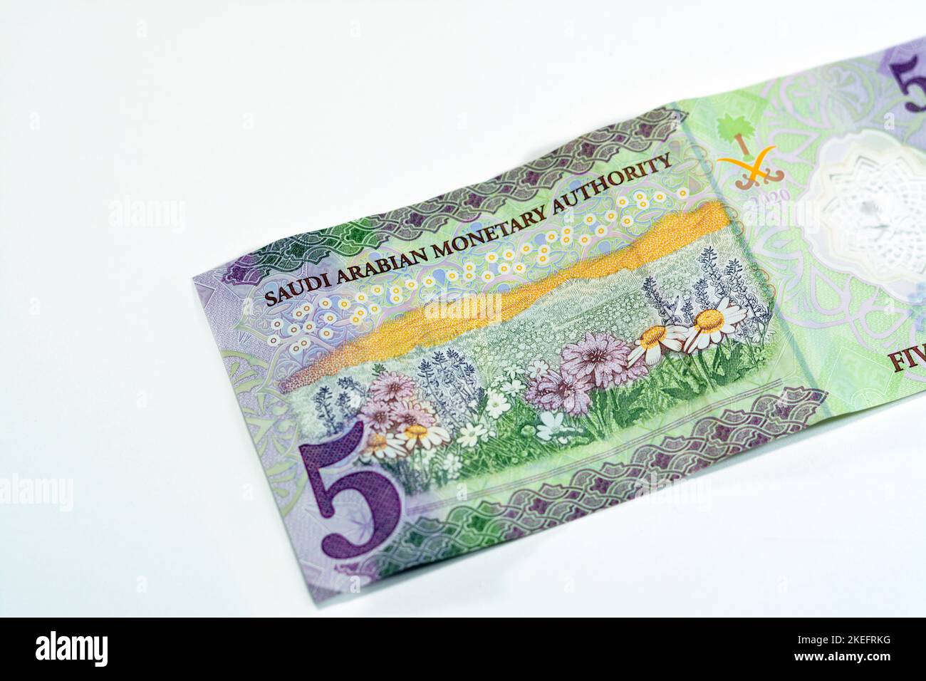 Face arrière du nouveau polymère 5 SAR cinq Riyals Arabie Saoudite argent liquide billets de banque série 1441 AH 2020 présente un champ de fleurs, foc sélectif Banque D'Images