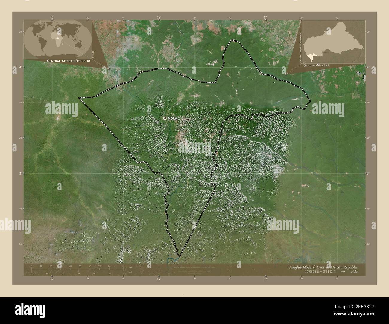 Sangha-Mbaere, préfecture économique de la République centrafricaine. Carte satellite haute résolution. Lieux et noms des principales villes de la région. Maïs Banque D'Images