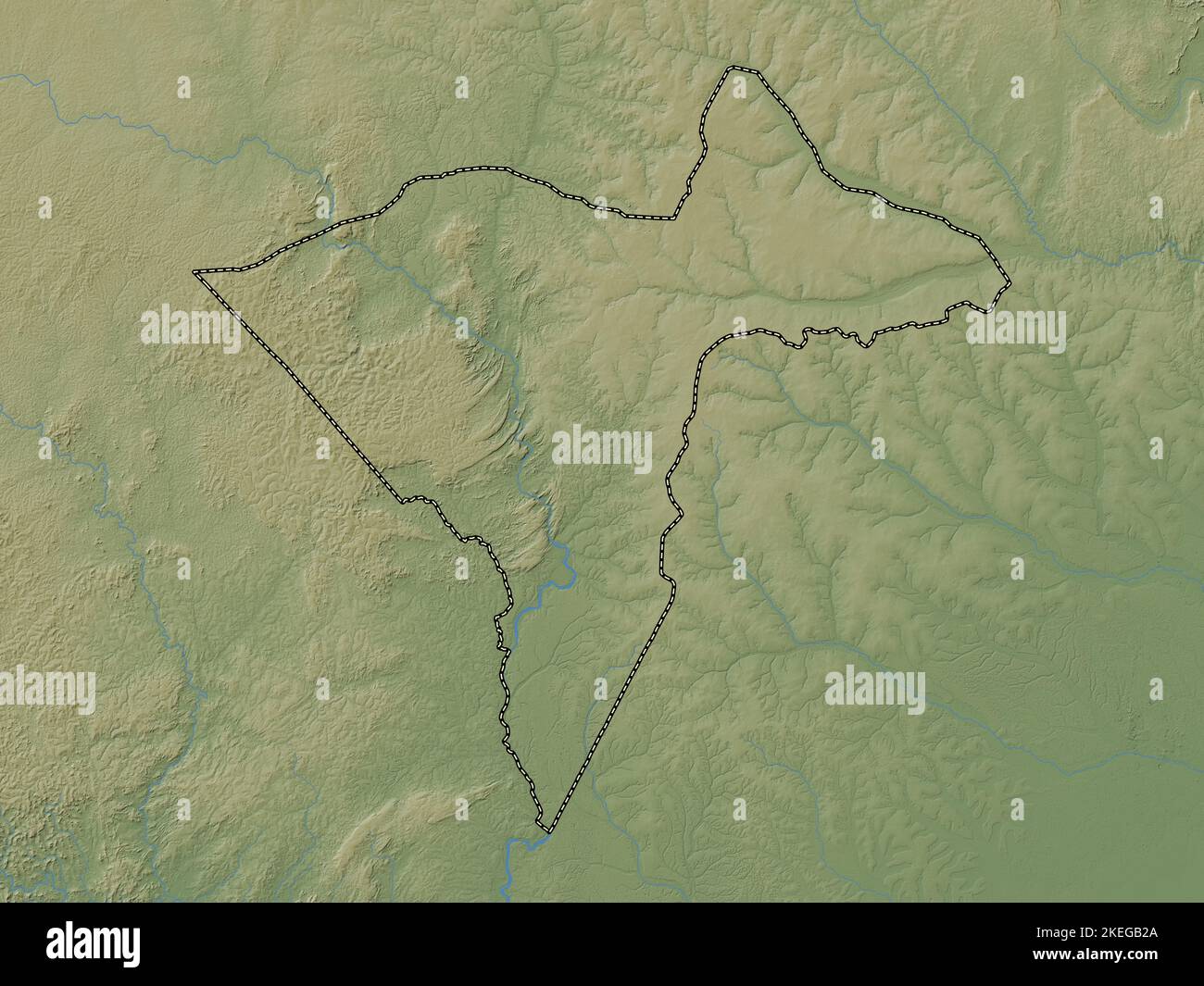 Sangha-Mbaere, préfecture économique de la République centrafricaine. Carte d'altitude en couleur avec lacs et rivières Banque D'Images