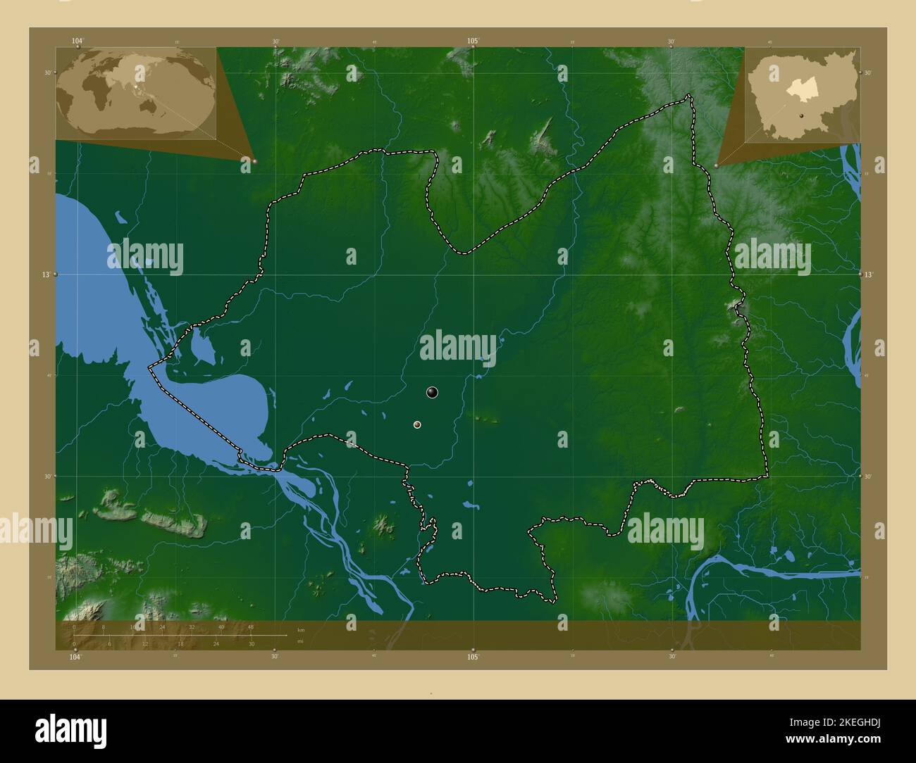 Kampong Thum, province du Cambodge. Carte d'altitude en couleur avec lacs et rivières. Lieux des principales villes de la région. Emplacement auxiliaire d'angle ma Banque D'Images