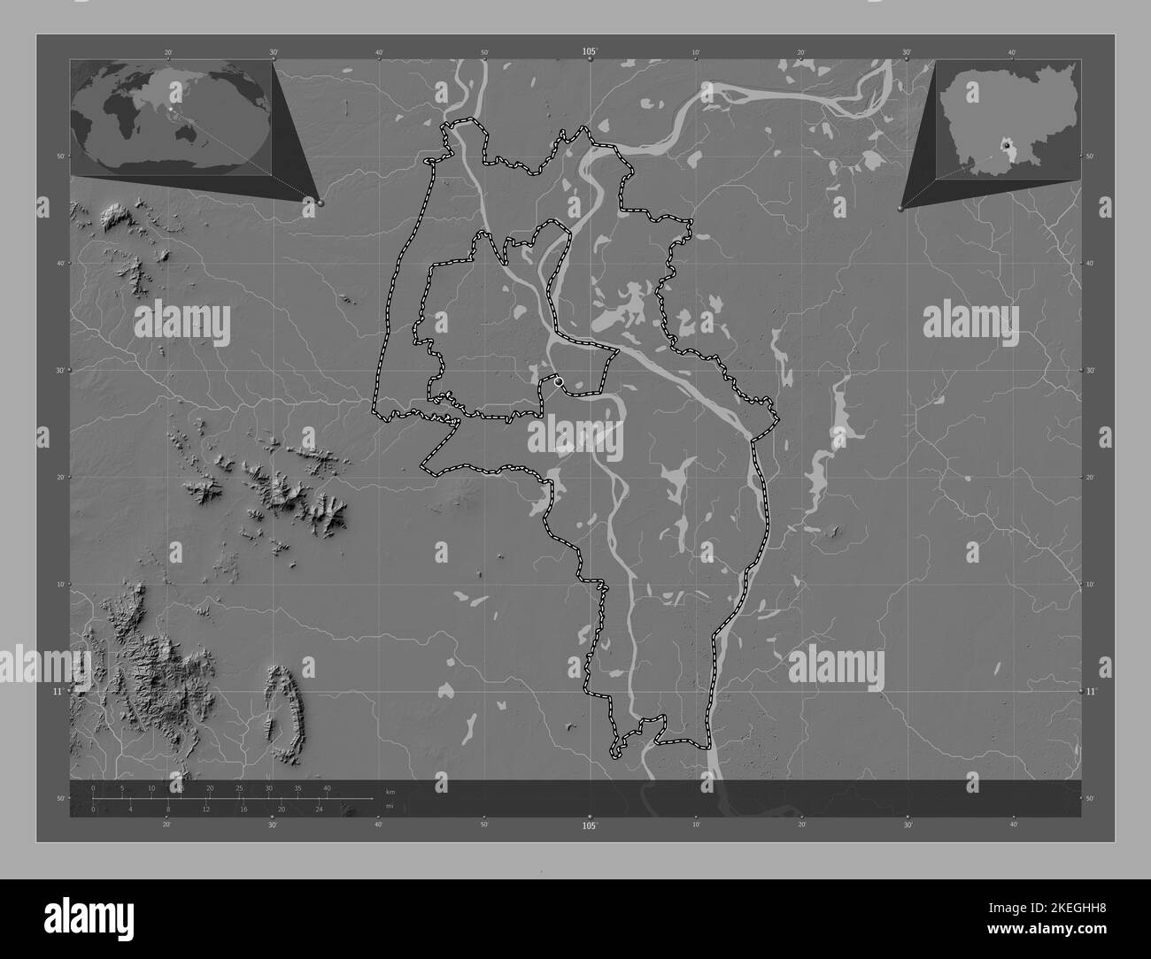 Kandal, province du Cambodge. Carte d'altitude à deux niveaux avec lacs et rivières. Lieux des principales villes de la région. Cartes d'emplacement auxiliaire d'angle Banque D'Images Kandal, province du Cambodge. Carte d'altitude à deux niveaux avec lacs et rivières. Lieux des principales villes de la région. Cartes d'emplacement auxiliaire d'angle Banque D'Images