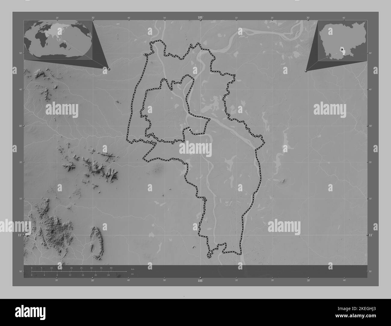 Kandal, province du Cambodge. Carte d'altitude en niveaux de gris avec lacs et rivières. Lieux des principales villes de la région. Cartes d'emplacement auxiliaire d'angle Banque D'Images Kandal, province du Cambodge. Carte d'altitude en niveaux de gris avec lacs et rivières. Lieux des principales villes de la région. Cartes d'emplacement auxiliaire d'angle Banque D'Images