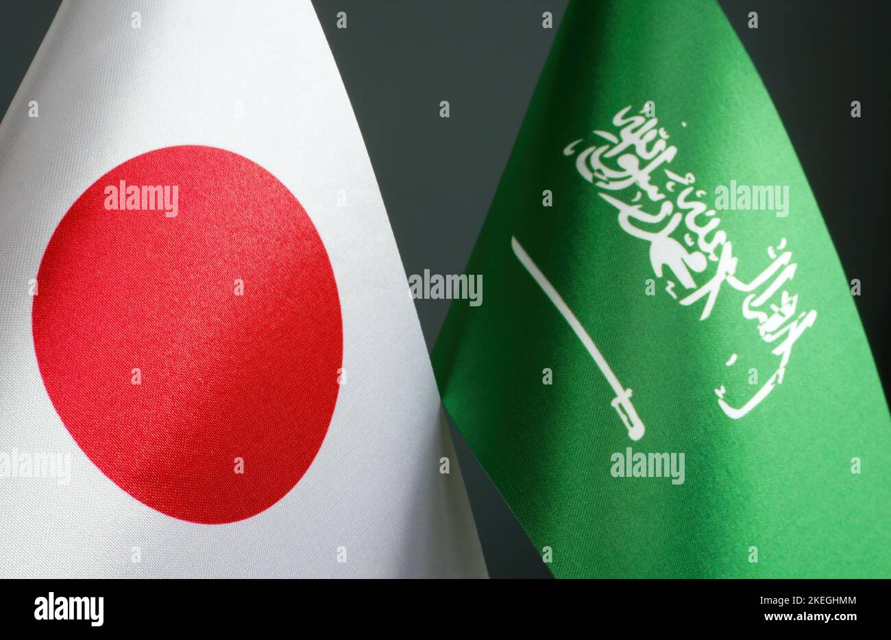 Petits drapeaux du Japon et de l'Arabie Saoudite. Banque D'Images
