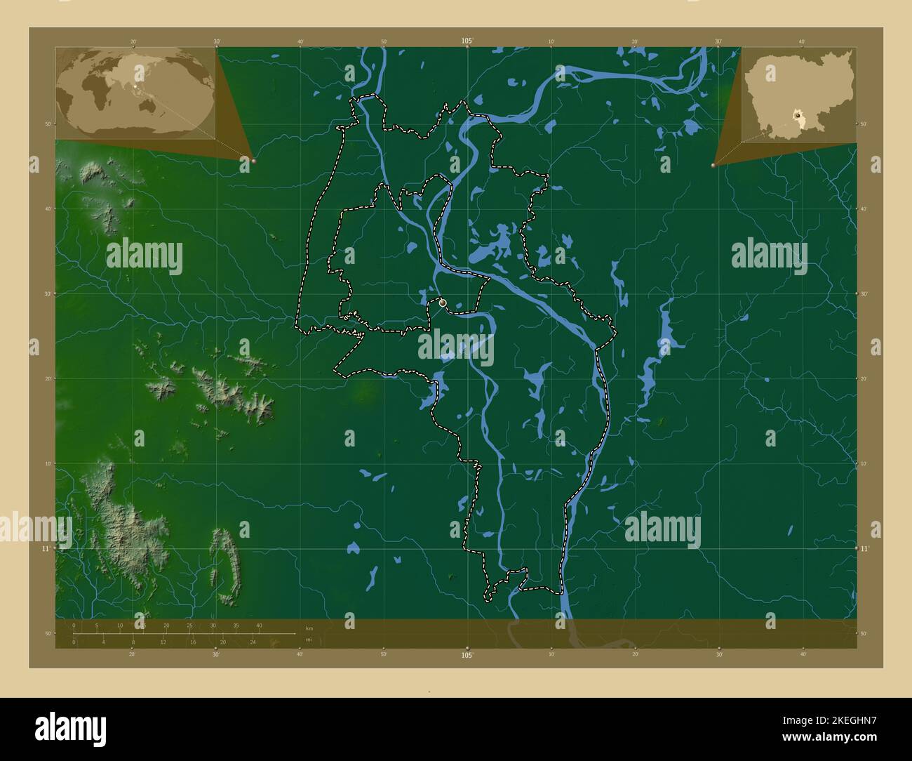 Kandal, province du Cambodge. Carte d'altitude en couleur avec lacs et rivières. Lieux des principales villes de la région. Cartes d'emplacement auxiliaire d'angle Banque D'Images Kandal, province du Cambodge. Carte d'altitude en couleur avec lacs et rivières. Lieux des principales villes de la région. Cartes d'emplacement auxiliaire d'angle Banque D'Images