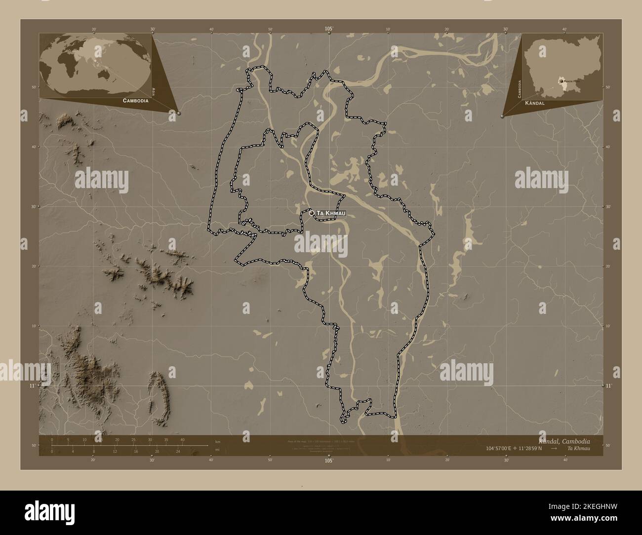 Kandal, province du Cambodge. Carte d'altitude colorée en tons sépia avec lacs et rivières. Lieux et noms des principales villes de la région. Angle au Banque D'Images Kandal, province du Cambodge. Carte d'altitude colorée en tons sépia avec lacs et rivières. Lieux et noms des principales villes de la région. Angle au Banque D'Images