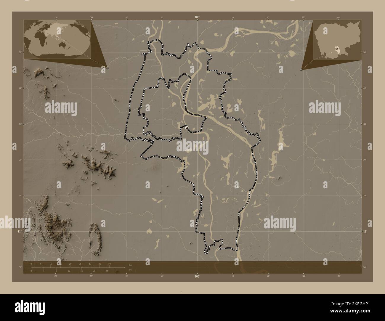 Kandal, province du Cambodge. Carte d'altitude colorée en tons sépia avec lacs et rivières. Lieux des principales villes de la région. Angle auxiliaire bas Banque D'Images Kandal, province du Cambodge. Carte d'altitude colorée en tons sépia avec lacs et rivières. Lieux des principales villes de la région. Angle auxiliaire bas Banque D'Images