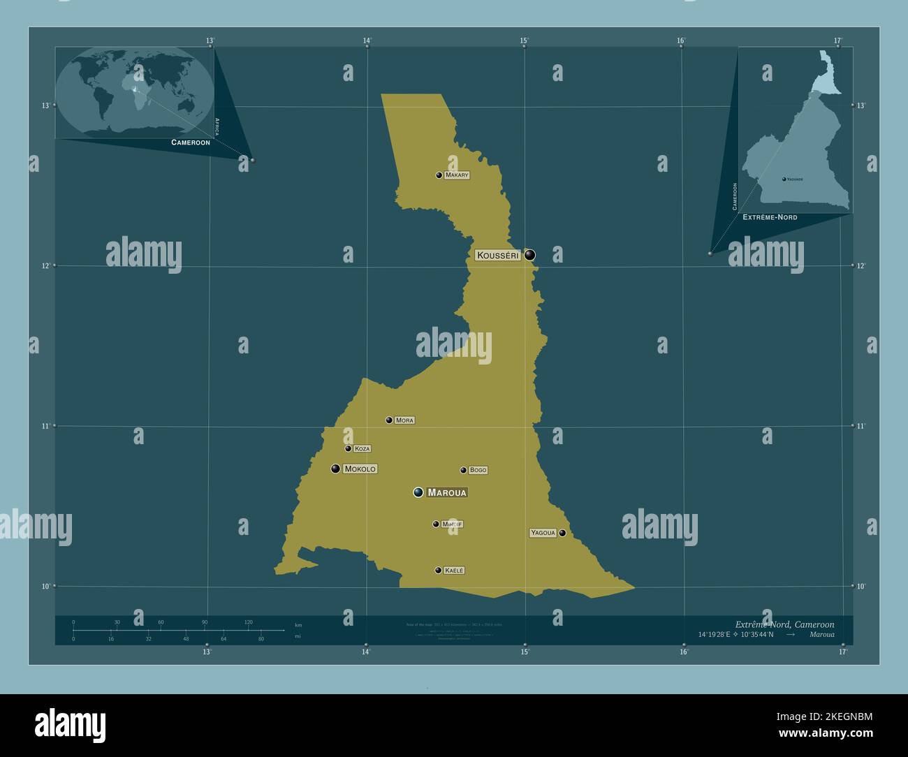 Extrême-Nord, région du Cameroun. Forme de couleur unie. Lieux et noms des principales villes de la région. Cartes d'emplacement auxiliaire d'angle Banque D'Images