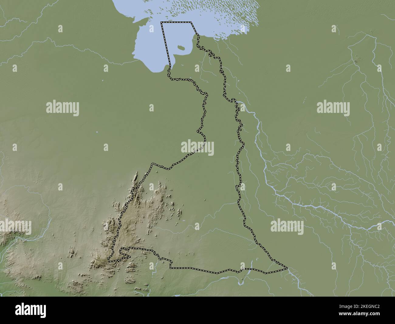 Extrême-Nord, région du Cameroun. Carte d'altitude colorée en style wiki avec lacs et rivières Banque D'Images