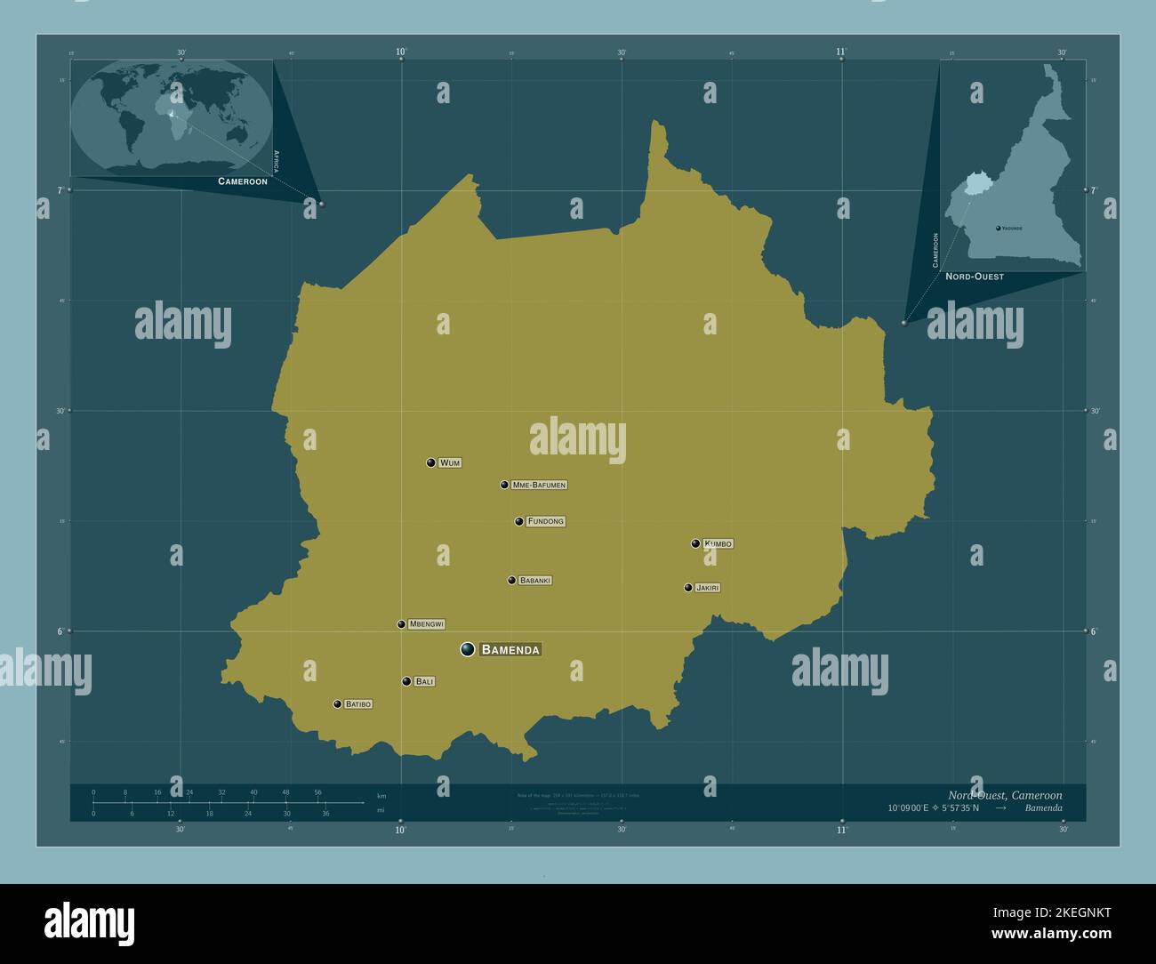 Nord-Ouest, région du Cameroun. Forme de couleur unie. Lieux et noms des principales villes de la région. Cartes d'emplacement auxiliaire d'angle Banque D'Images