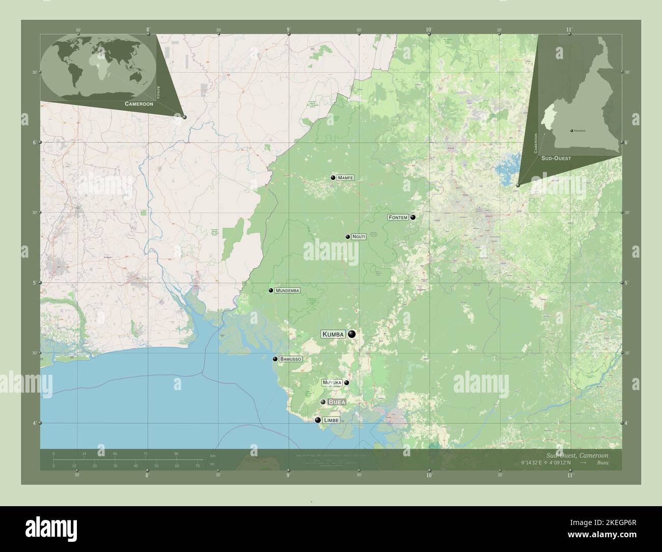 Sud-Ouest, région du Cameroun. Ouvrez la carte des rues. Lieux et noms des principales villes de la région. Cartes d'emplacement auxiliaire d'angle Banque D'Images