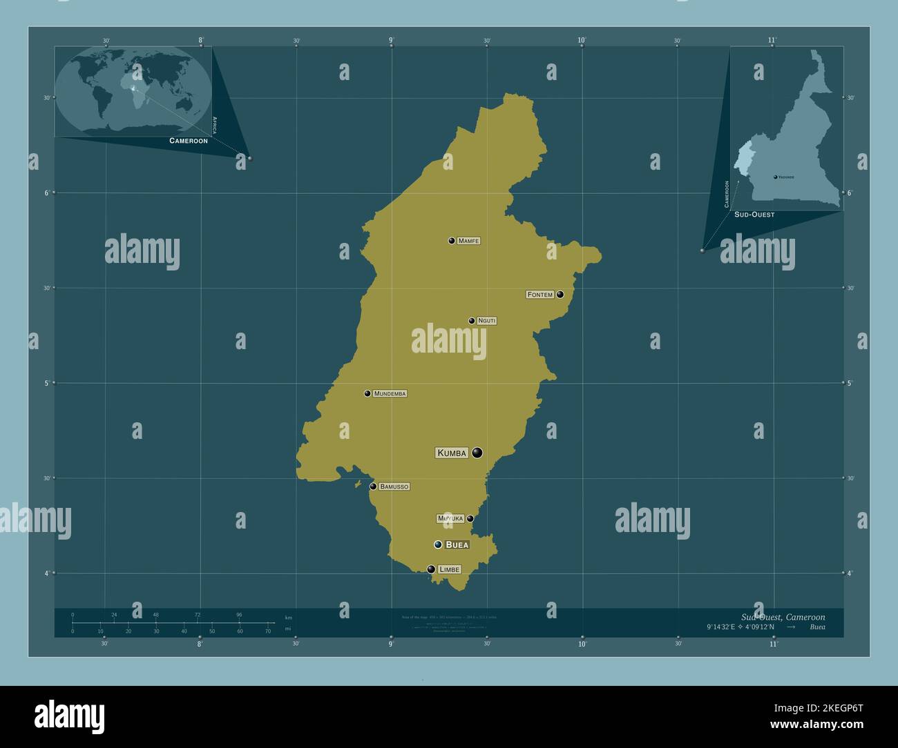 Sud-Ouest, région du Cameroun. Forme de couleur unie. Lieux et noms des principales villes de la région. Cartes d'emplacement auxiliaire d'angle Banque D'Images