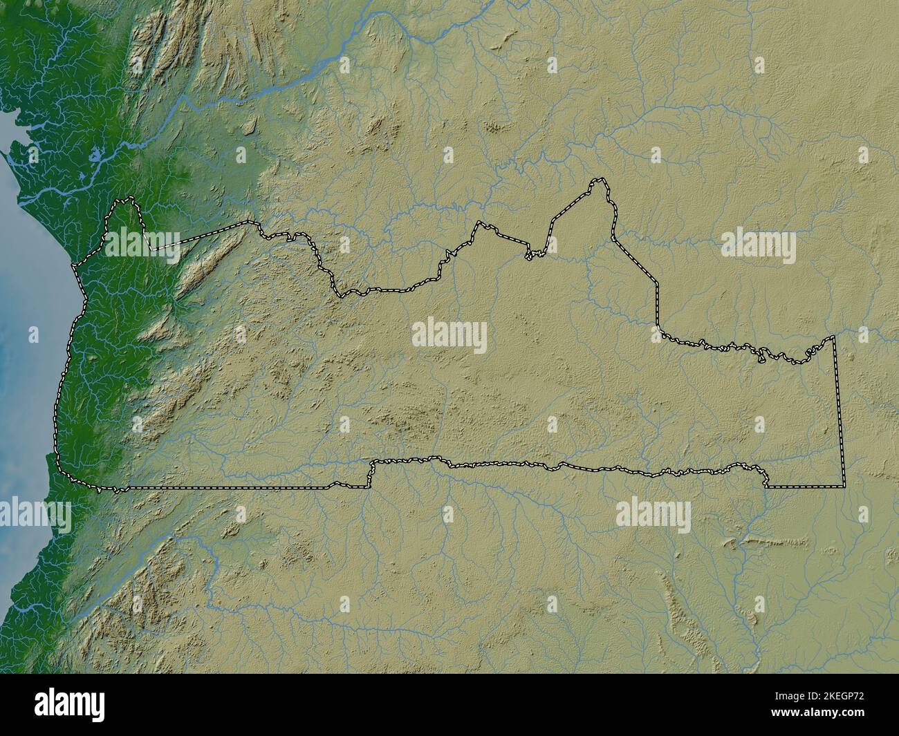 Sud, région du Cameroun. Carte d'altitude en couleur avec lacs et rivières Banque D'Images
