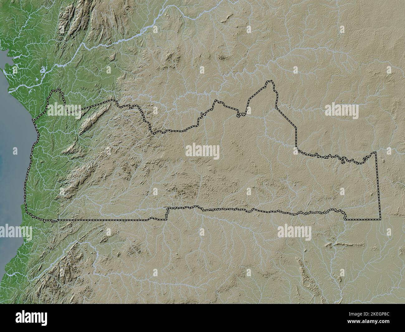 Sud, région du Cameroun. Carte d'altitude colorée en style wiki avec lacs et rivières Banque D'Images