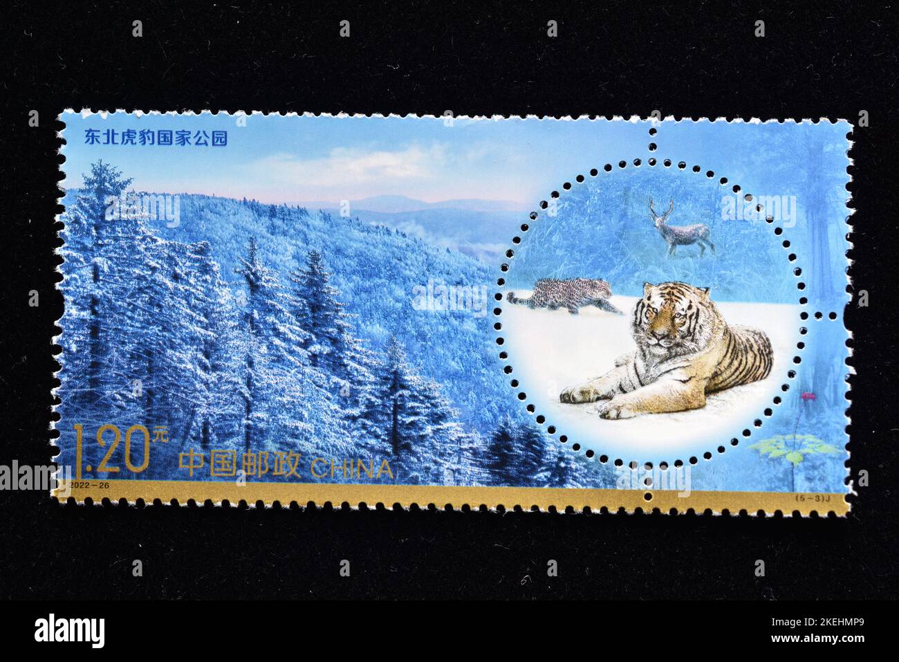 CHINE - VERS 2022: Un timbre imprimé en Chine montre 2022-26 parcs nationaux Nord-est de la Chine Tigre et parc national Lenpard , vers 2022. Banque D'Images