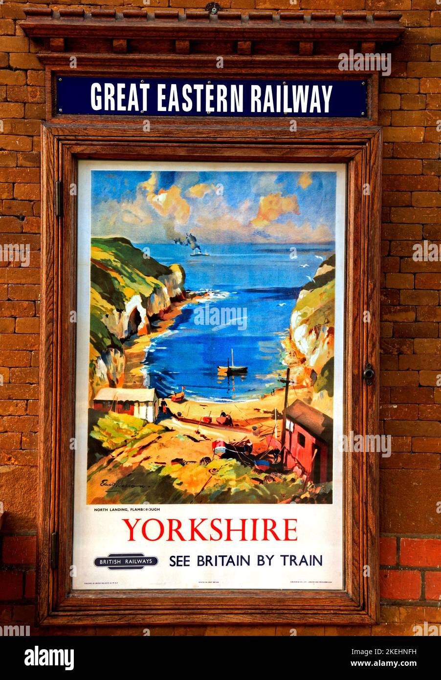 Affiche publicitaire de British Railways, Great Eastern Railway, Wolferton Station, Norfolk, vue artistique de Flamborough, Angleterre, Royaume-Uni Banque D'Images