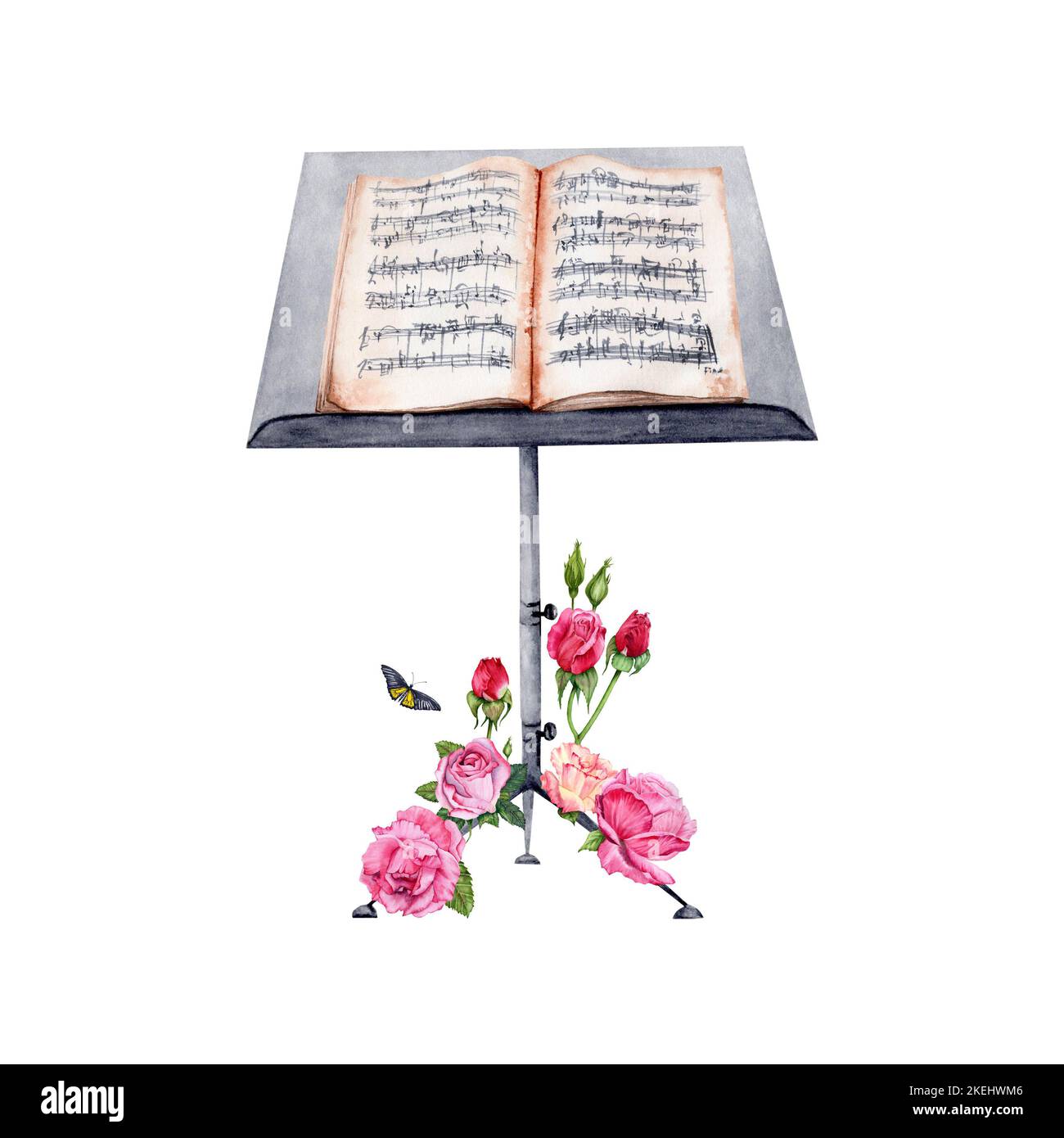Music Stand avec partitions décorées avec des roses aquarelle illustration sur fond blanc. Pour cartes, invitations, programmes musicaux, prospectus, cadeaux. Banque D'Images