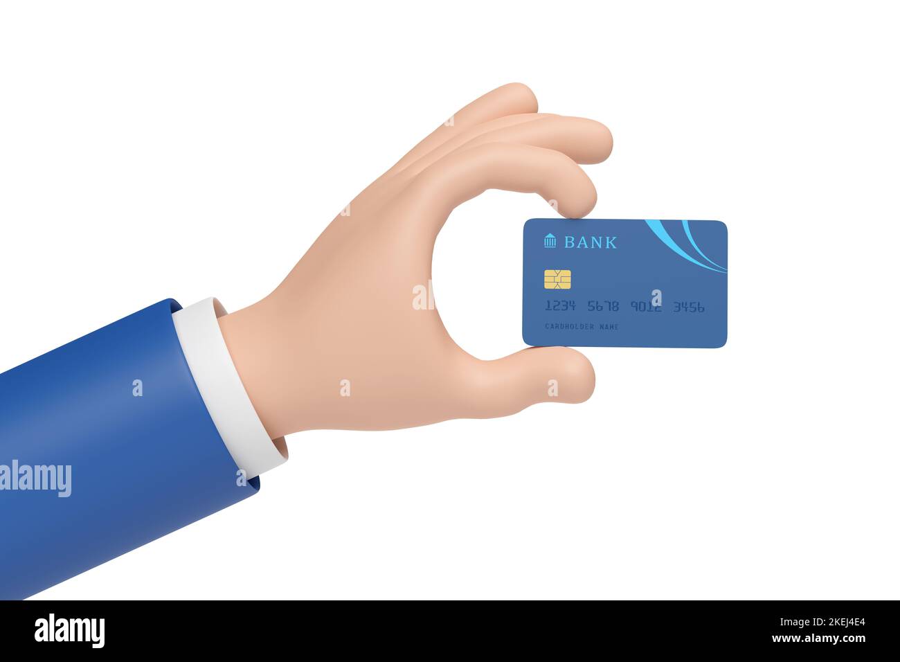 Main de dessin animé avec carte de crédit isolée sur fond blanc. 3d illustration. Banque D'Images