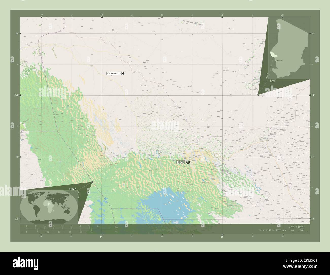 Lac, région du Tchad. Ouvrez la carte des rues. Lieux et noms des principales villes de la région. Cartes d'emplacement auxiliaire d'angle Banque D'Images