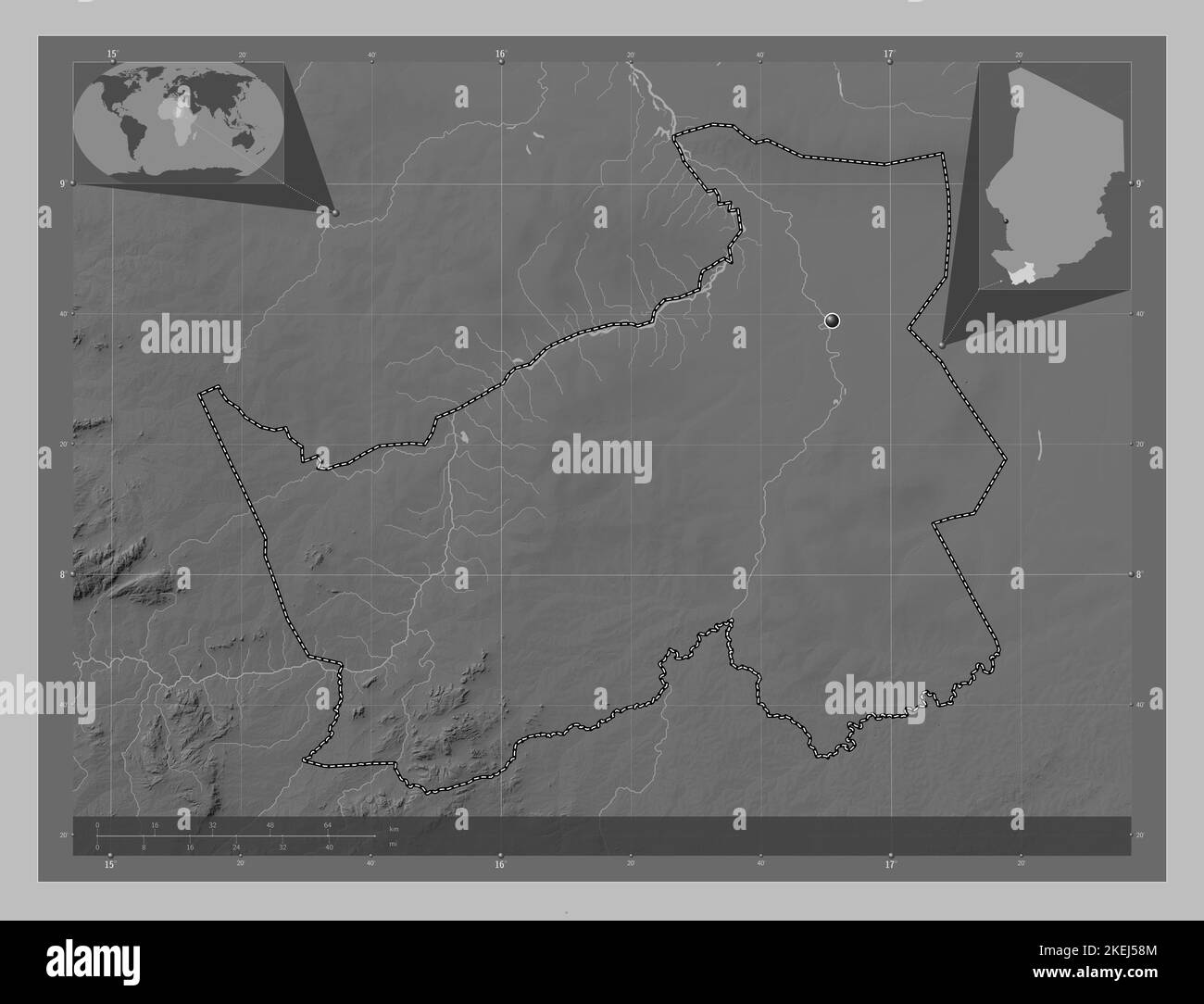 Logone Oriental, région du Tchad. Carte d'altitude en niveaux de gris avec lacs et rivières. Cartes d'emplacement auxiliaire d'angle Banque D'Images