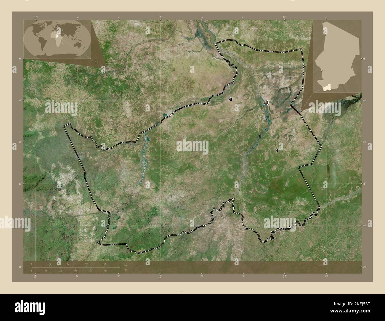 Logone Oriental, région du Tchad. Carte satellite haute résolution. Lieux des principales villes de la région. Cartes d'emplacement auxiliaire d'angle Banque D'Images