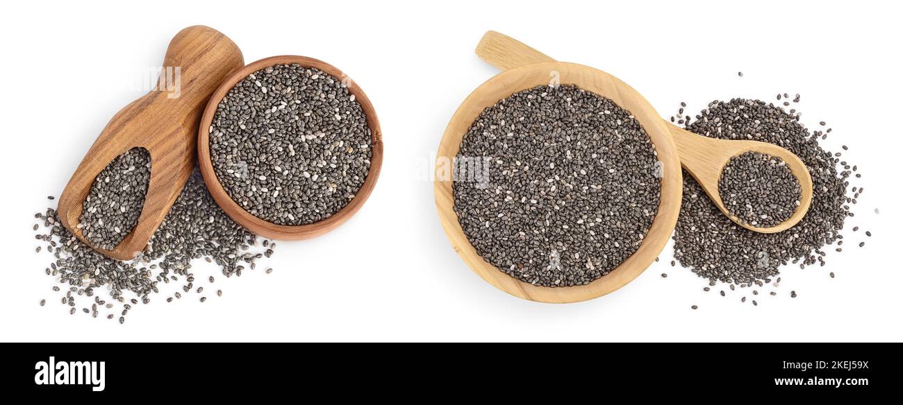 Graines de Chia dans un bol en bois isolé sur fond blanc avec pleine profondeur de champ. Vue de dessus. Pose à plat. Banque D'Images