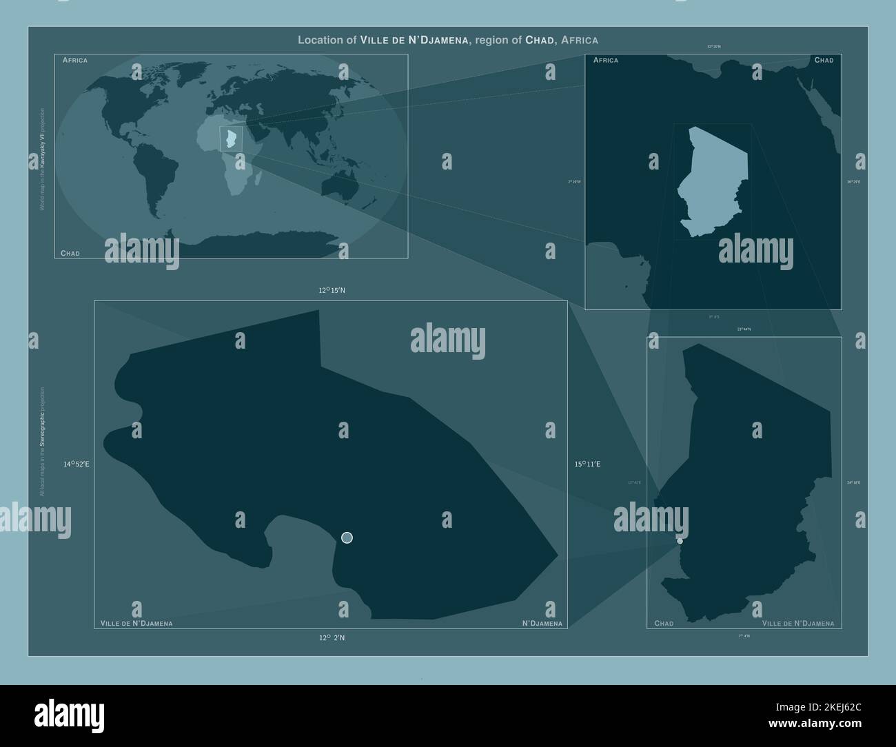 Ville de n'Djamena, région du Tchad. Schéma montrant l'emplacement de la région sur des cartes à plus grande échelle. Composition de cadres vectoriels et de formes PNG sur un Banque D'Images