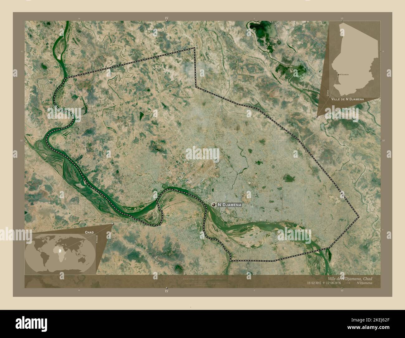 Ville de n'Djamena, région du Tchad. Carte satellite haute résolution. Lieux et noms des principales villes de la région. Cartes d'emplacement auxiliaire d'angle Banque D'Images