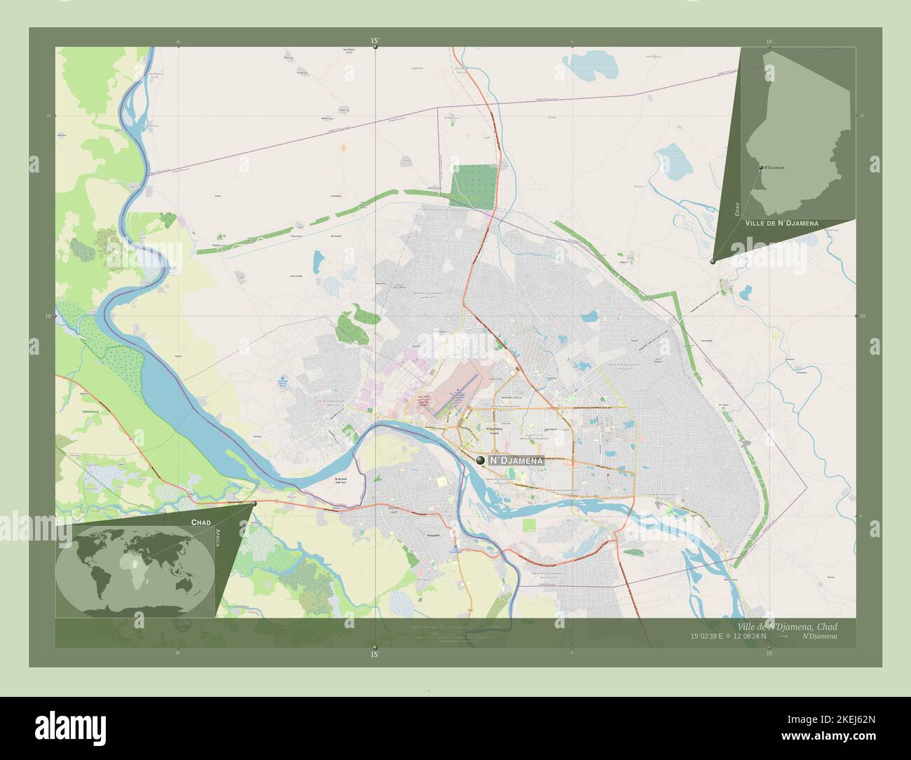 Ville de n'Djamena, région du Tchad. Ouvrez la carte des rues. Lieux et noms des principales villes de la région. Cartes d'emplacement auxiliaire d'angle Banque D'Images