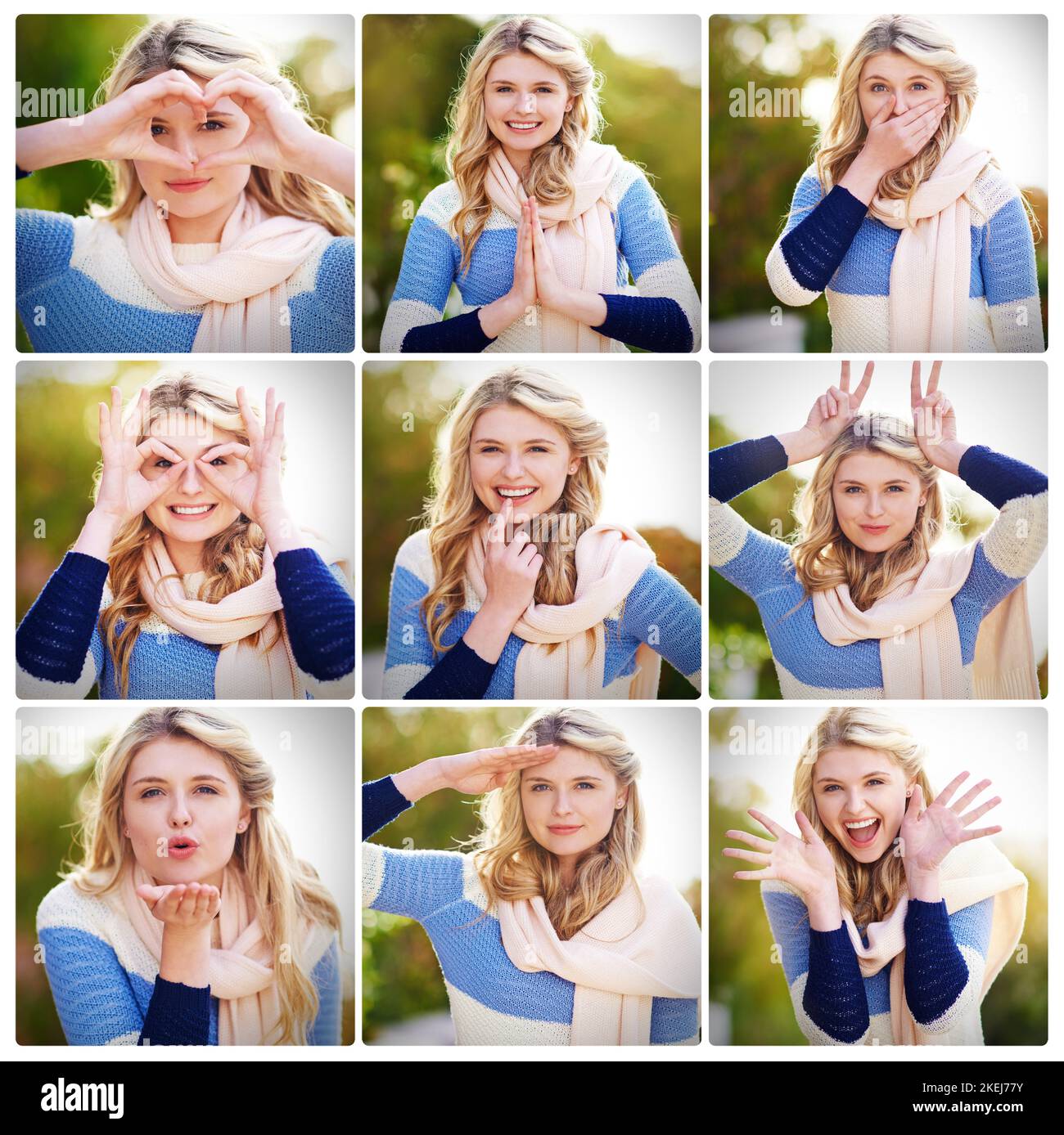 Shes si expressif. Image composite d'une jeune femme attrayante debout à l'extérieur faisant différentes expressions faciales. Banque D'Images