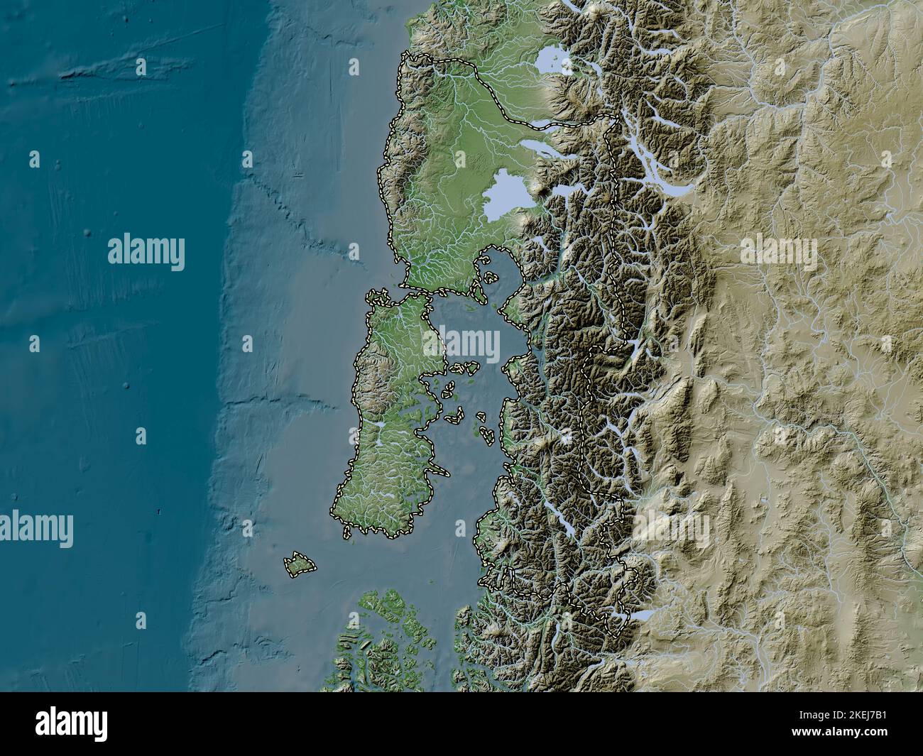 Los Lagos, région du Chili. Carte d'altitude colorée en style wiki avec lacs et rivières Banque D'Images