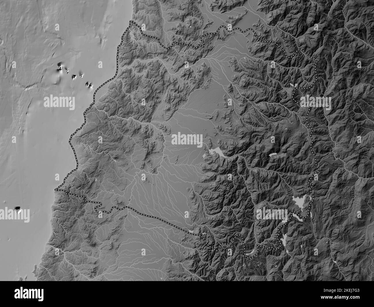 Maule, région du Chili. Carte d'altitude en niveaux de gris avec lacs et rivières Banque D'Images