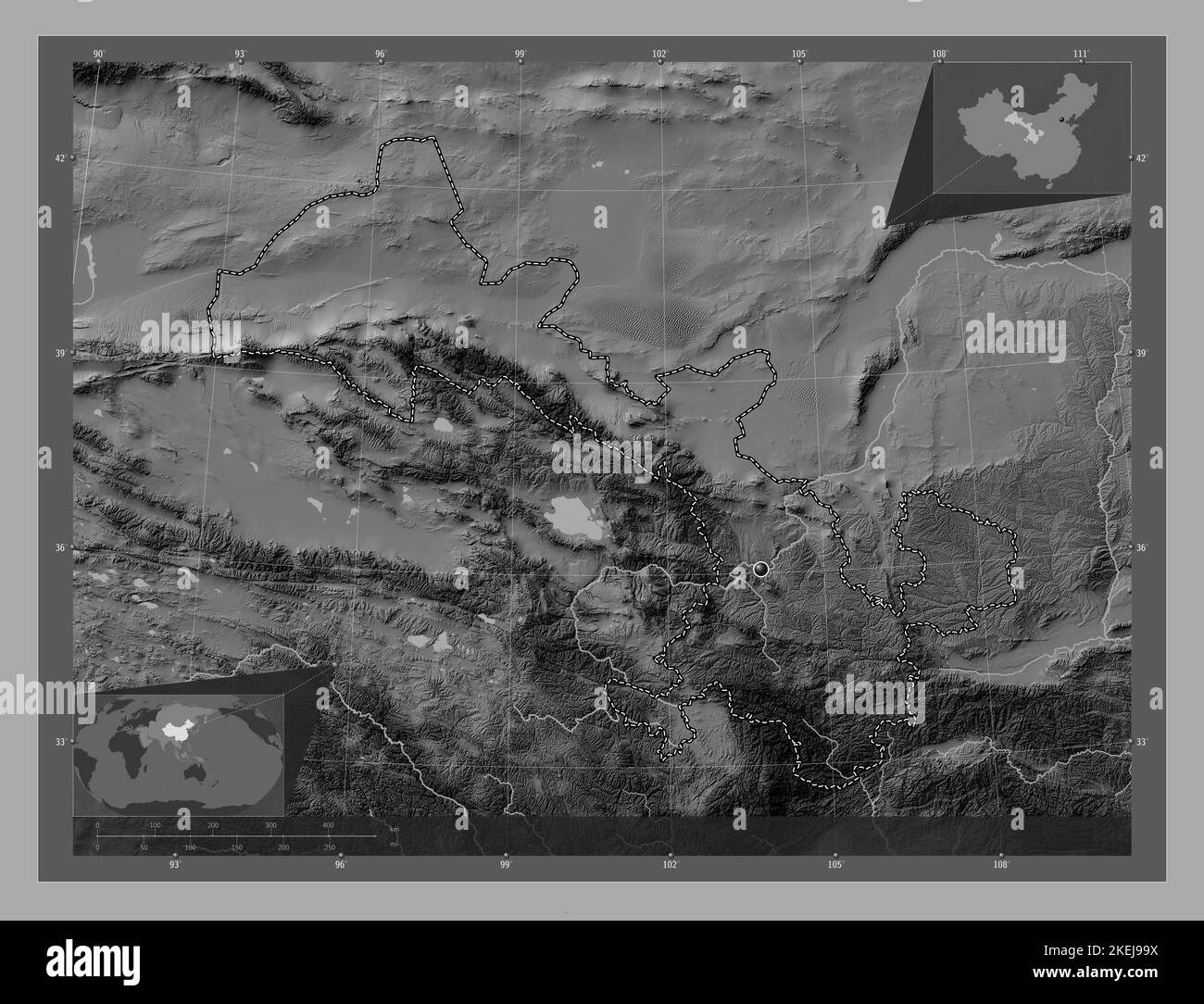 Gansu, province de Chine. Carte d'altitude à deux niveaux avec lacs et rivières. Cartes d'emplacement auxiliaire d'angle Banque D'Images