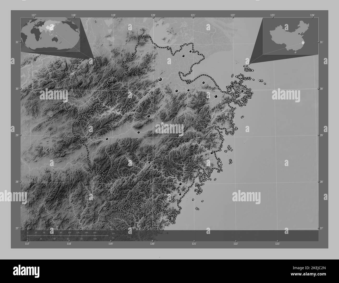 Zhejiang, province de Chine. Carte d'altitude en niveaux de gris avec lacs et rivières. Lieux des principales villes de la région. Cartes d'emplacement auxiliaire d'angle Banque D'Images