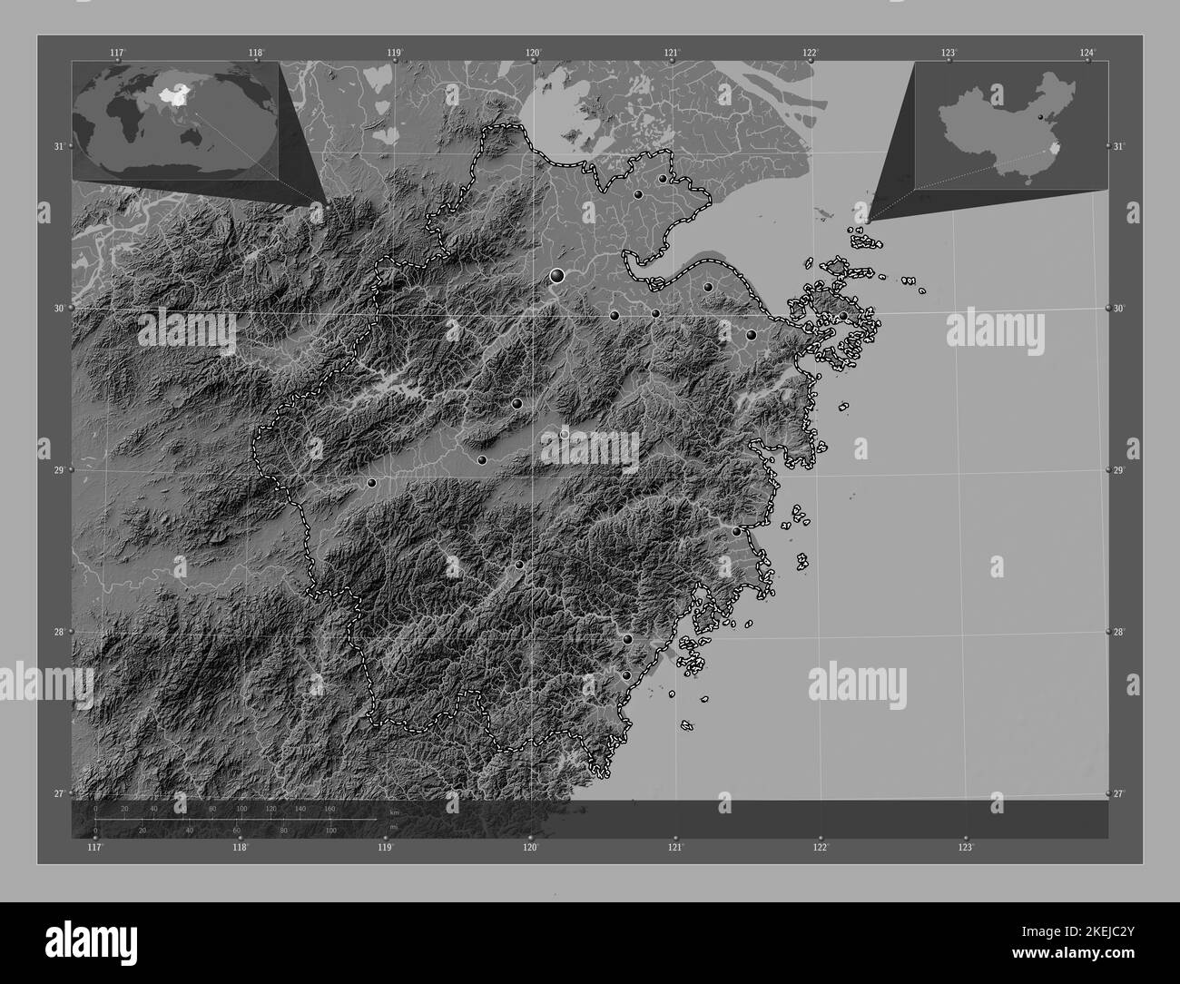Zhejiang, province de Chine. Carte d'altitude à deux niveaux avec lacs et rivières. Lieux des principales villes de la région. Cartes d'emplacement auxiliaire d'angle Banque D'Images