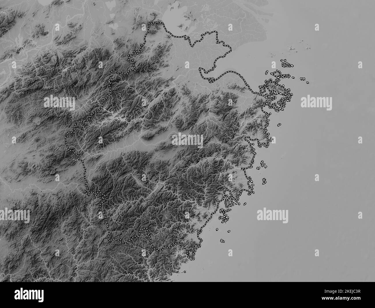 Zhejiang, province de Chine. Carte d'altitude en niveaux de gris avec lacs et rivières Banque D'Images