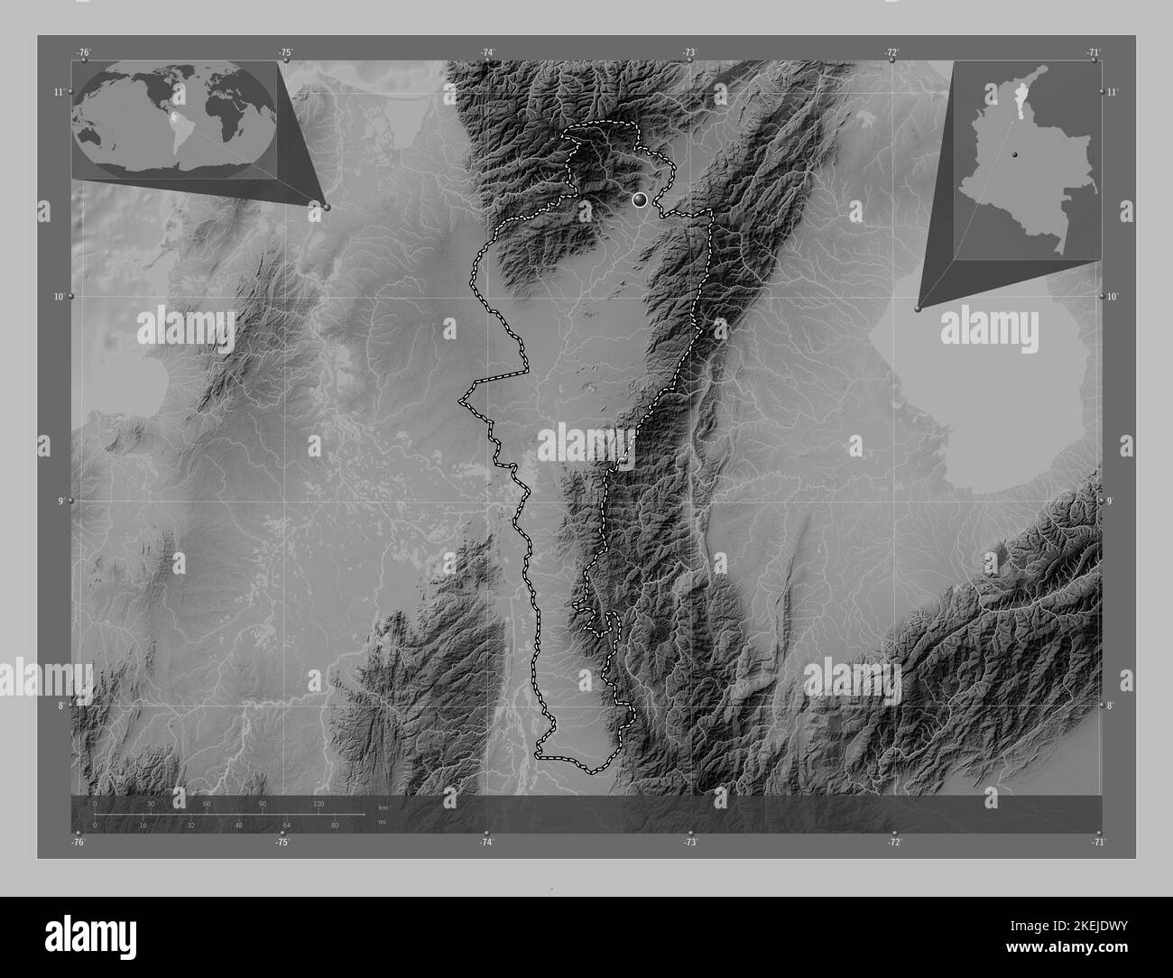 Cesar, département de Colombie. Carte d'altitude en niveaux de gris avec lacs et rivières. Cartes d'emplacement auxiliaire d'angle Banque D'Images