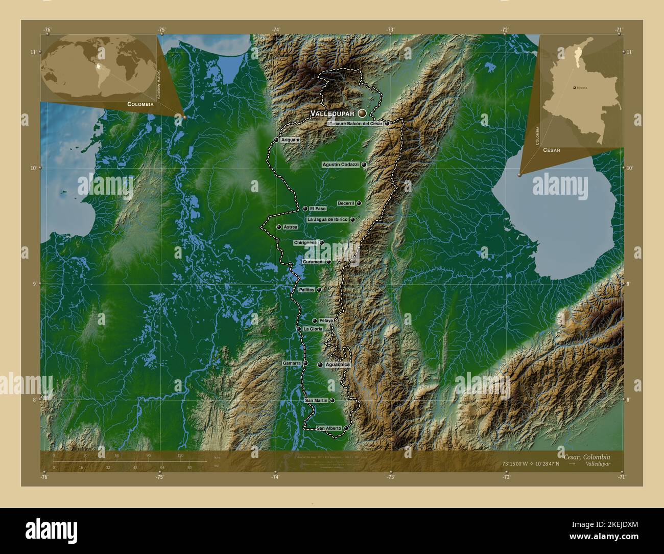 Cesar, département de Colombie. Carte d'altitude en couleur avec lacs et rivières. Lieux et noms des principales villes de la région. Emplacement auxiliaire d'angle Banque D'Images