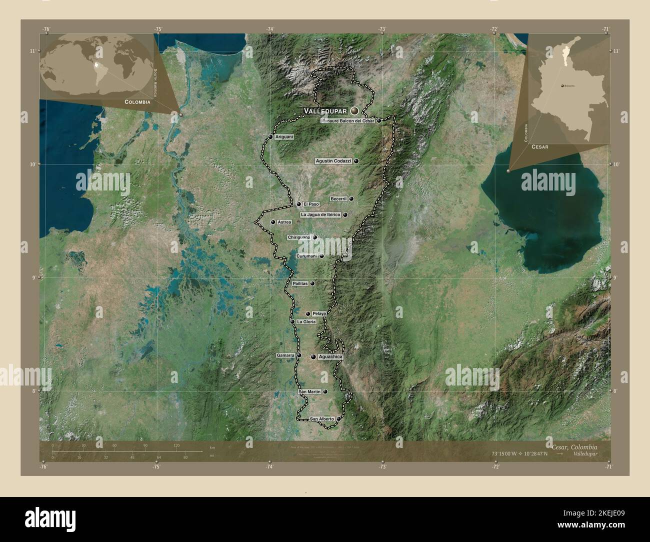 Cesar Département De Colombie Carte Satellite Haute Résolution Lieux Et Noms Des Principales 