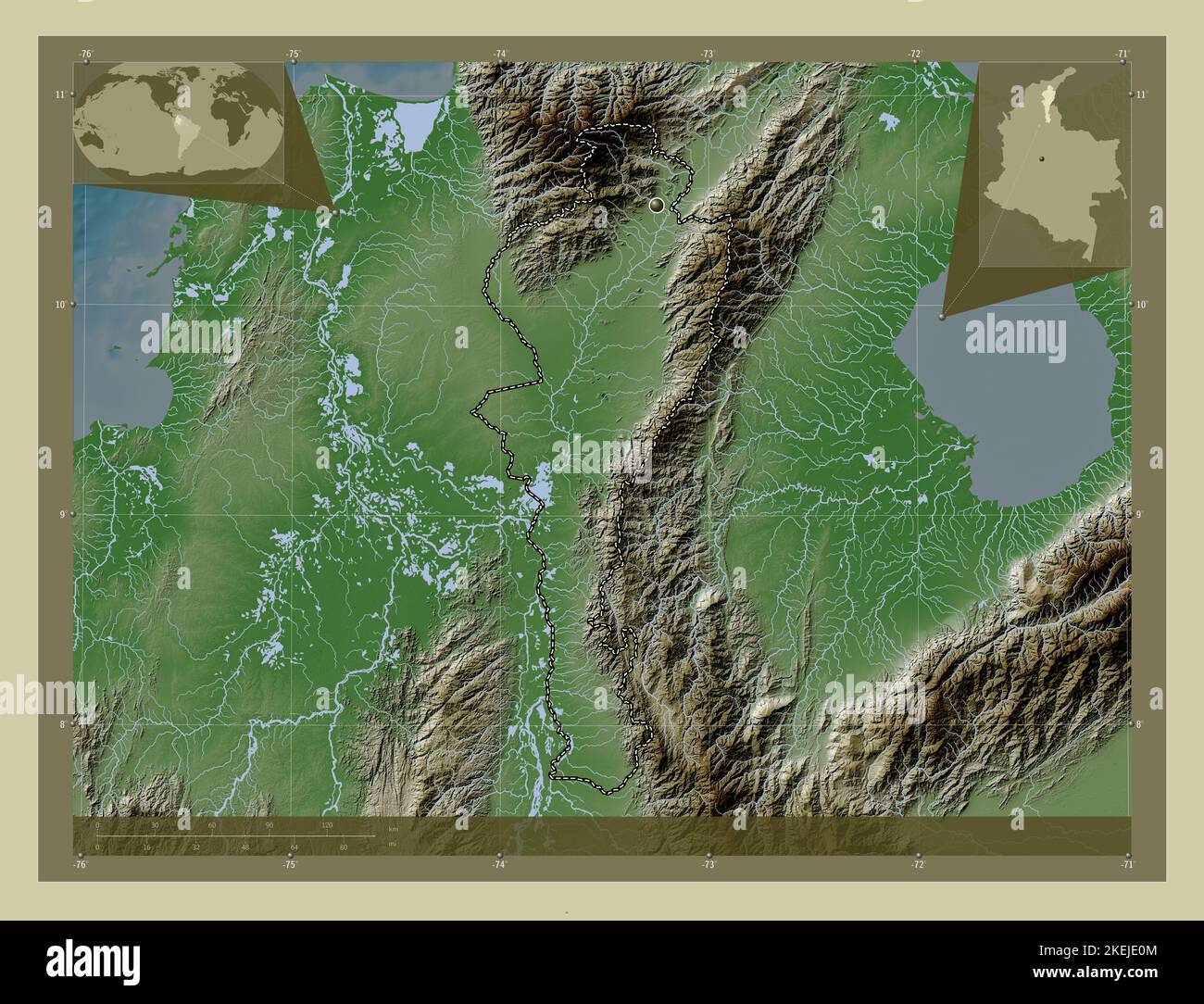 Cesar, département de Colombie. Carte d'altitude colorée en style wiki avec lacs et rivières. Cartes d'emplacement auxiliaire d'angle Banque D'Images