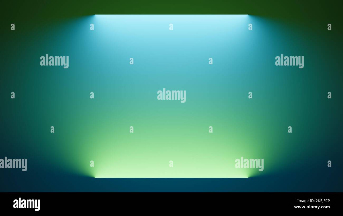 Deux lumières néon vert vif et turquoise sur les côtés opposés éclairant une surface, illustration des effets d'éclairage, arrière-plan minimal avec copie sp Banque D'Images