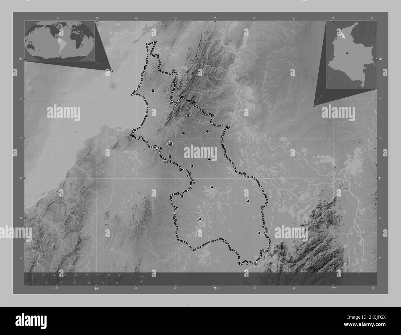 Sucre, département de Colombie. Carte d'altitude en niveaux de gris avec lacs et rivières. Lieux des principales villes de la région. Cartes d'emplacement auxiliaire d'angle Banque D'Images