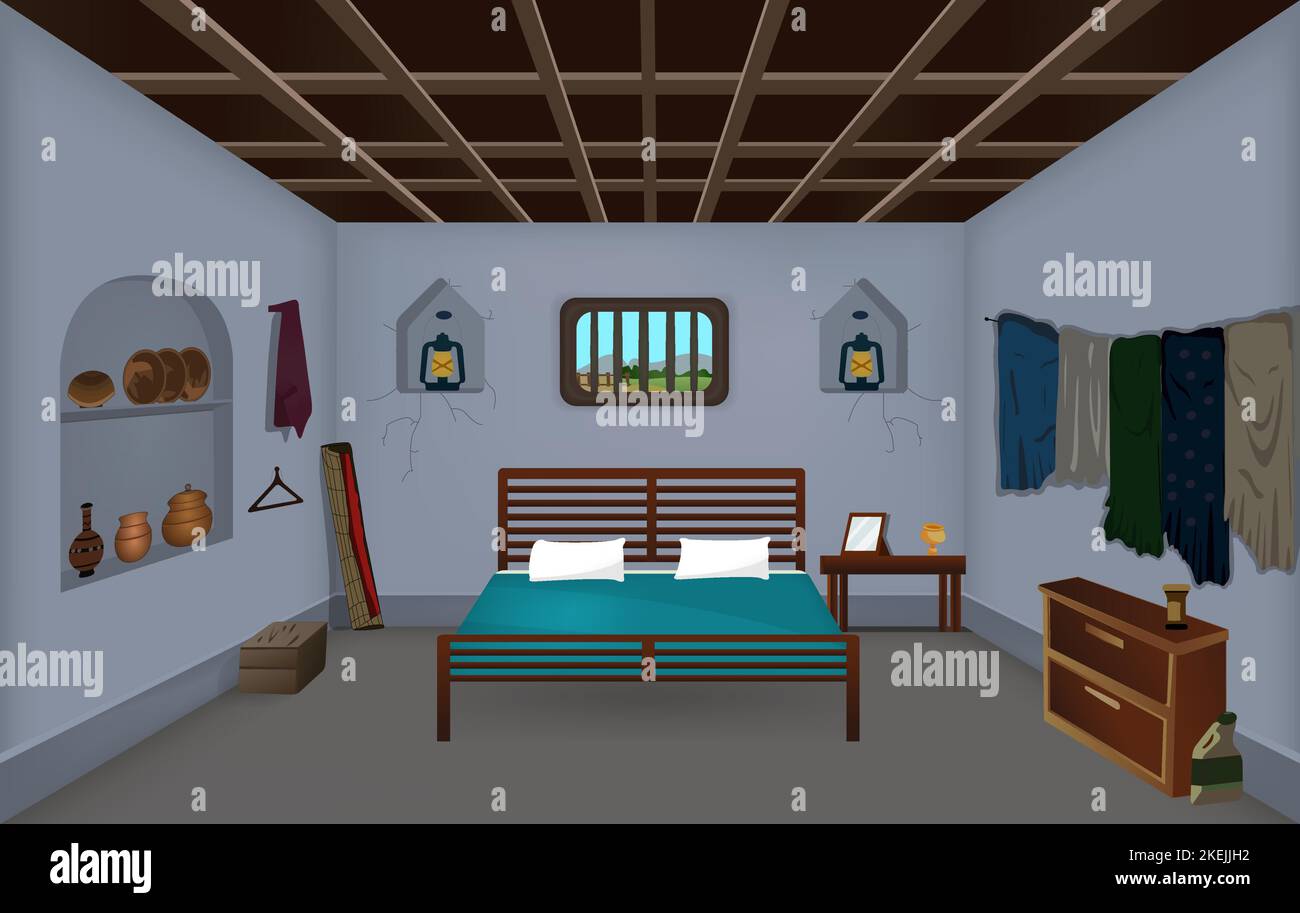 Chambre de village à l'intérieur d'un vecteur d'arrière-plan de dessin animé, mauvaise maison chambre intérieur illustrations vectorielles. Illustration de Vecteur