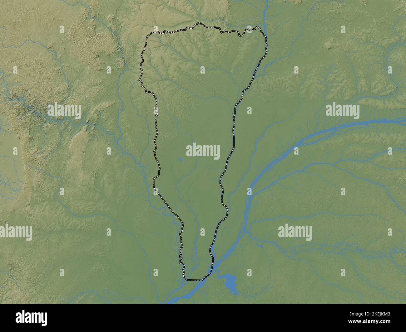 Likouala, région de la République du Congo. Carte d'altitude en couleur avec lacs et rivières Banque D'Images