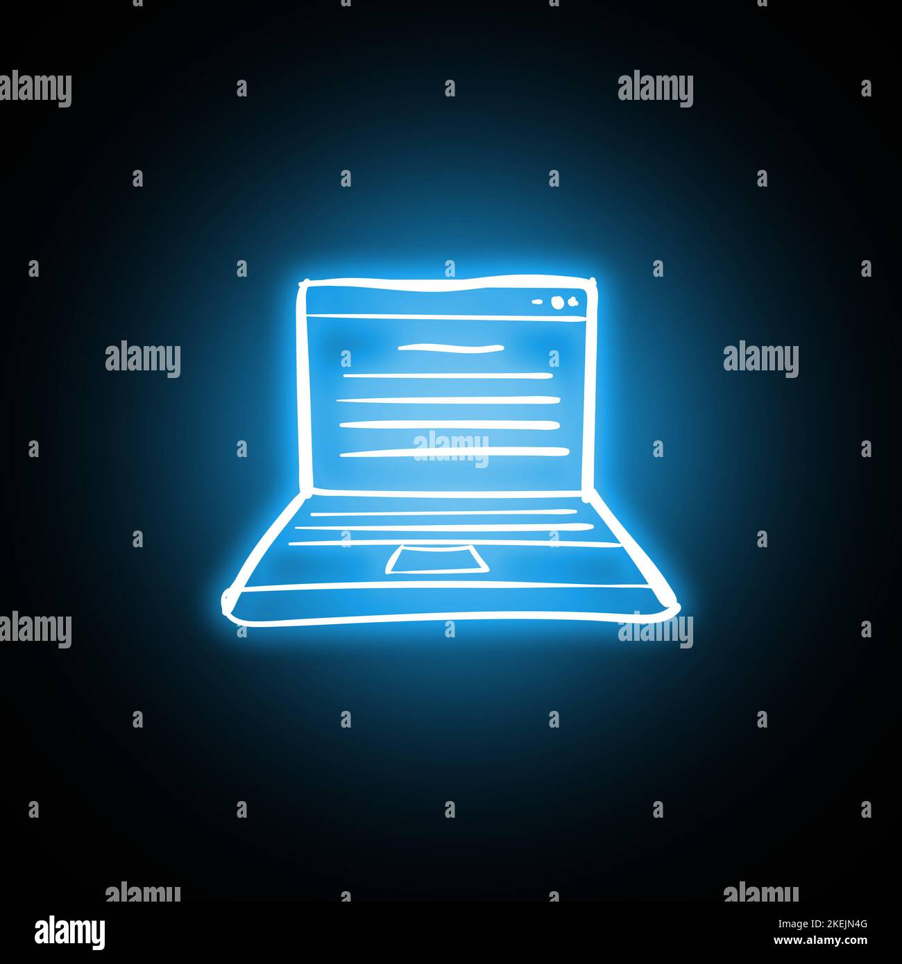 Ordinateur portable dessiné à la main ou icône d'ordinateur portable dans un style hologramme et néon avec lueur Banque D'Images