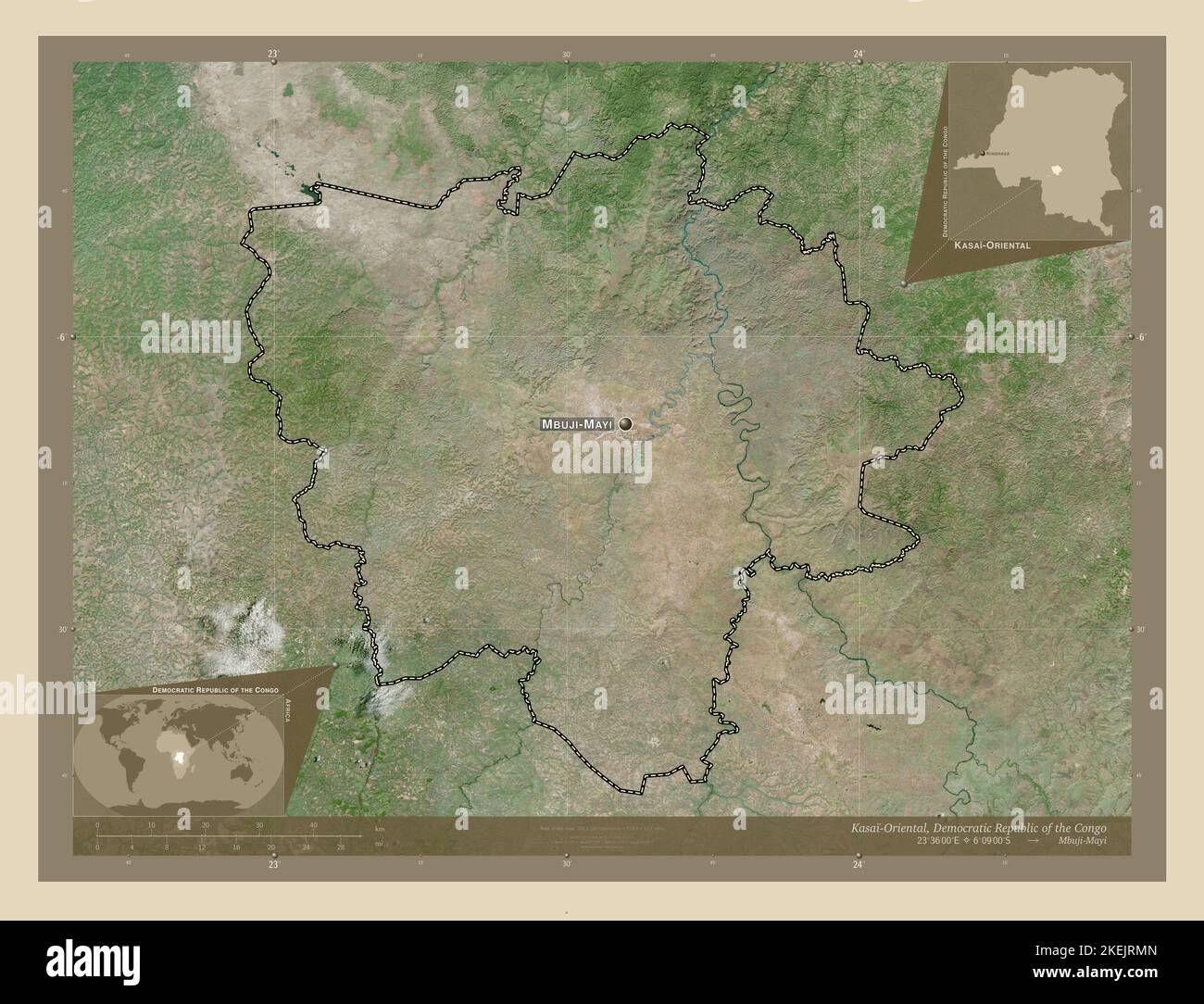 Kasai-Oriental, province de la République démocratique du Congo. Carte satellite haute résolution. Lieux et noms des principales villes de la région. Coin Banque D'Images