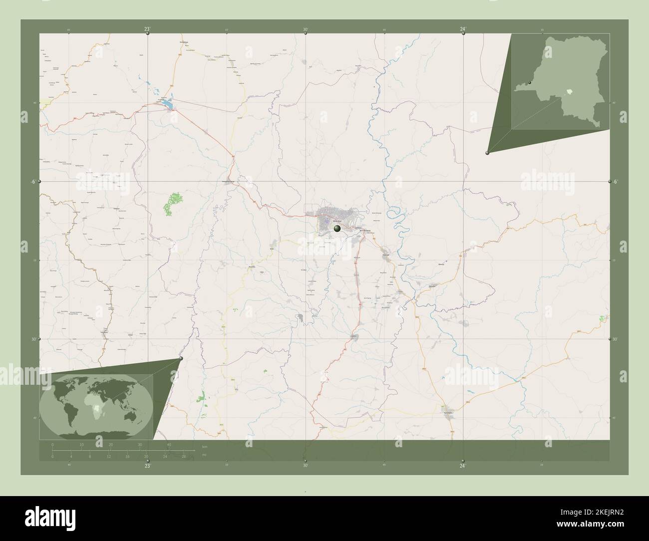 Kasai-Oriental, province de la République démocratique du Congo. Ouvrez la carte des rues. Lieux des principales villes de la région. Cartes d'emplacement auxiliaire d'angle Banque D'Images