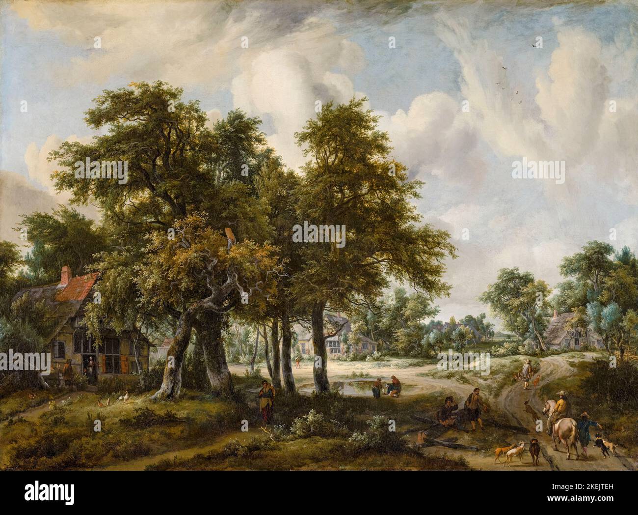 Meindert Hobbema, paysage boisé avec chalets, huile sur toile, 1665 Banque D'Images