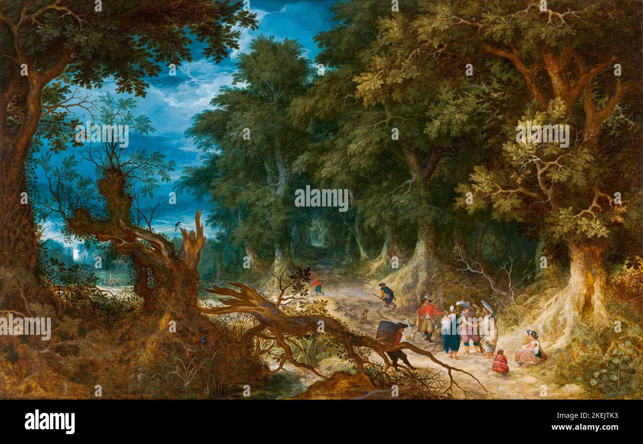Abraham Govaerts peinture, paysage forestier avec des chasseurs et un tueur de fortune, huile sur panneau, 1612 Banque D'Images