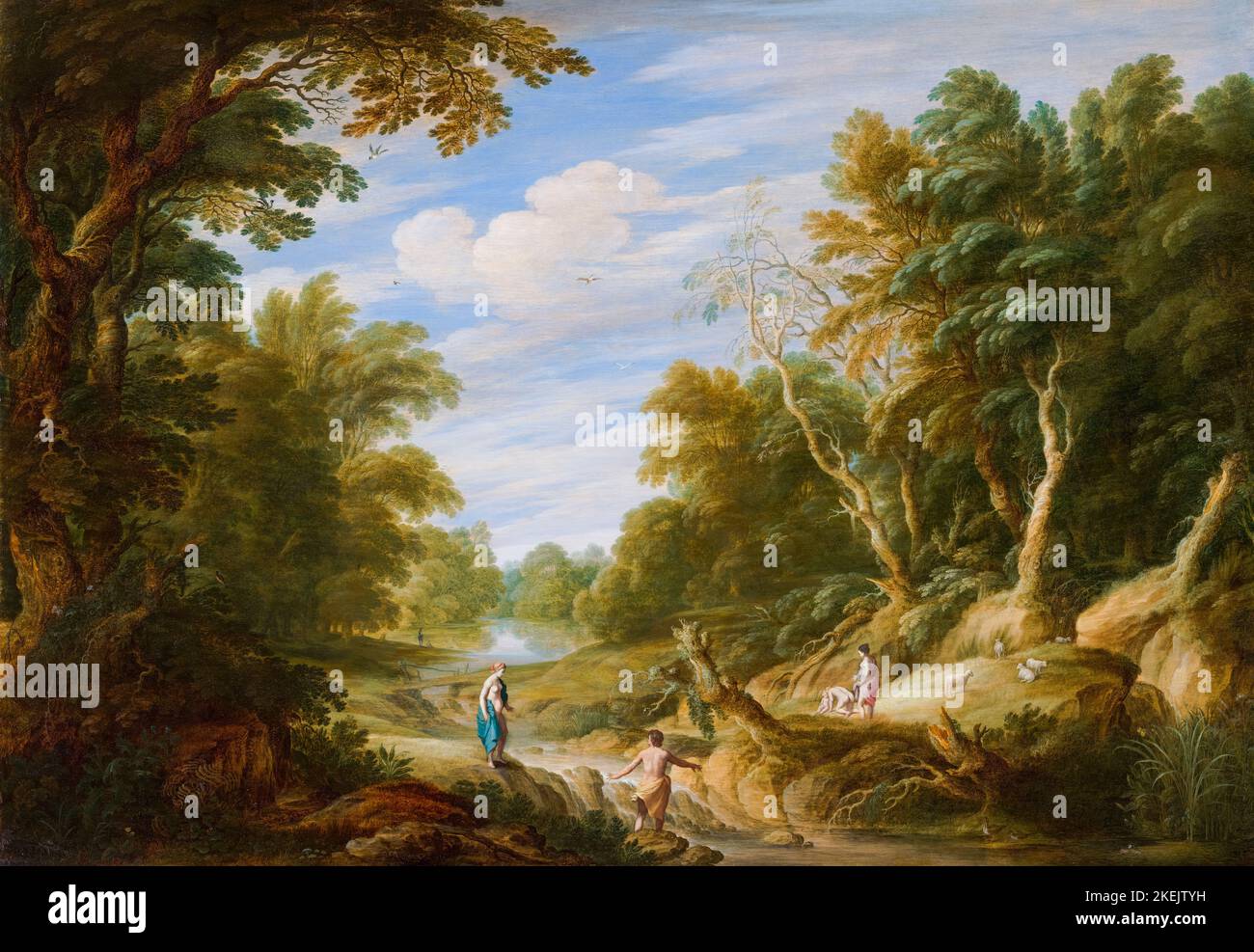 Alexander Keirincx (paysage) et Cornelis van Poelenburgh (figures) peinture, paysage forestier avec figures, huile sur panneau, 1629 Banque D'Images