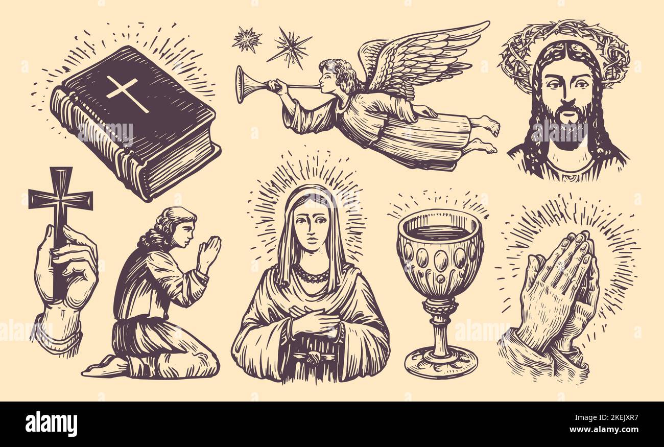 Collection de symboles bibliques croquis. Vecteur de concept de religion. Jeu d'illustrations dessinées à la main avec un style de gravure vintage Illustration de Vecteur